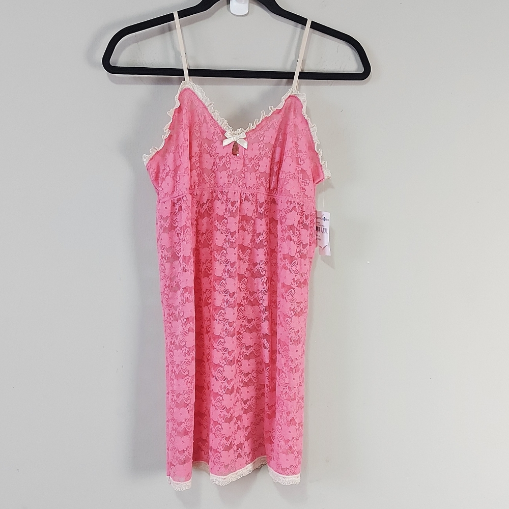 Y2K Babydoll Lingerie Slip Dress Medium Coral Pink Lace Sheer Bow Vneck Chemise